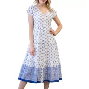 NWT Blue Pepper Geometric Print Midi Dress Blue White Tiered V-Neck Summer Sz M